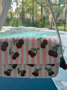 Beaded Pink & White Stripe Cherry Clutch